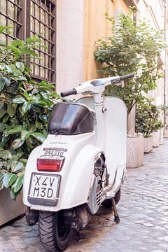 Geparkeerde witte retro scooter bij planten in Rome van Merel Naafs