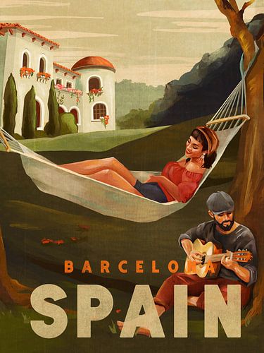 Barcelona Spain Guitar Player Travel Art