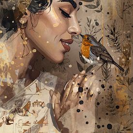 Robin with young woman - taupe and gold - chic wall decoration by Emiel de Lange