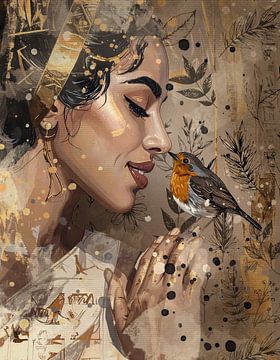 Robin with young woman - taupe and gold - chic wall decoration