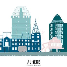 Skyline illustration city of Almere in colour by Mevrouw Emmer