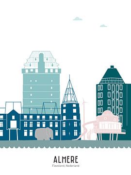 Skyline illustratie stad Almere in kleur van Mevrouw Emmer