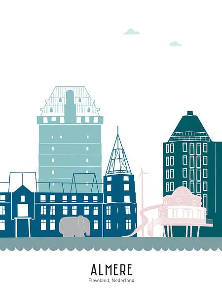 Skyline illustratie stad Almere in kleur van Mevrouw Emmer