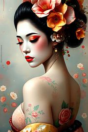 painting Geisha with flowers