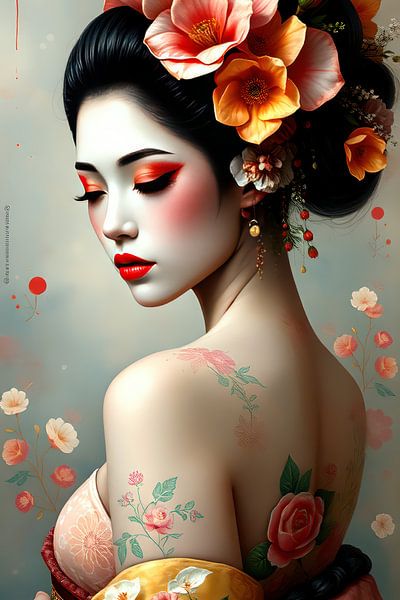 Malerei Geisha mit Blumen von Egon Zitter