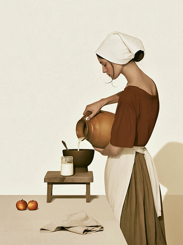 Moderne interpretatie van Het Melkmeisje van Vermeer, digitale collage