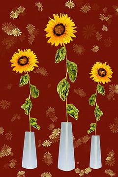 Digitale Malerei Stillleben mit 3 Sonnenblumen von Maud De Vries