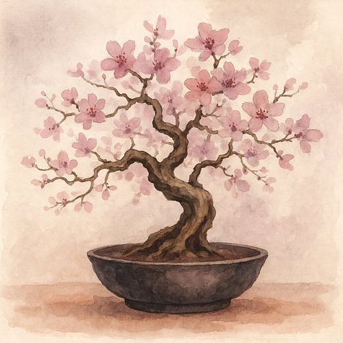 Sakura bonsai met roze bloesem in schaal (AI) (Japandi, schilderij, pastelkleuren, Oosters, sereen, kersenbloesem, aquarel, zachte kleuren)