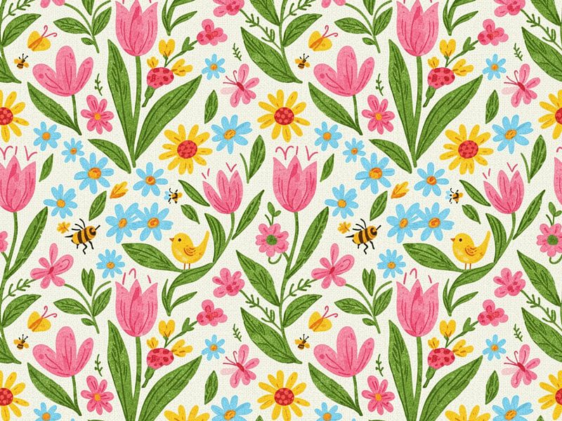 Tulp en Madeliefje Naadloos Bloempatroon - Elegant Botanisch Ontwerp van Ruliyreed