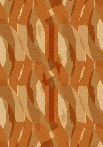 Retropatroon in geel, terracotta en bruin op linnen.