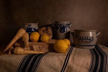 lemon parsnip and cologne pots in a still life on a canvas of a mill flour sack by ChrisWillemsen