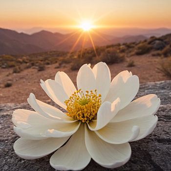 Serene White Flower at Sunset – Desert Landscape Art