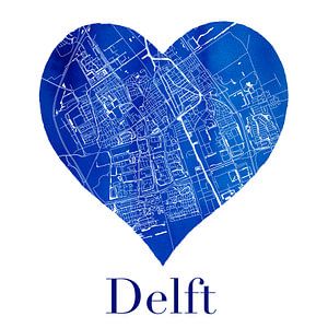 Delft | Plan de la ville dans un coeur bleu de Delft sur WereldkaartenShop