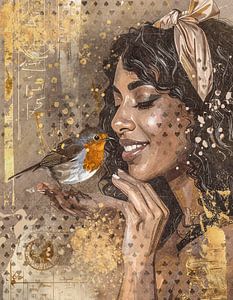 Schönheit in Taupe und Gold – Kunstwerk mit Rotkehlchen und brasilianischer Frau