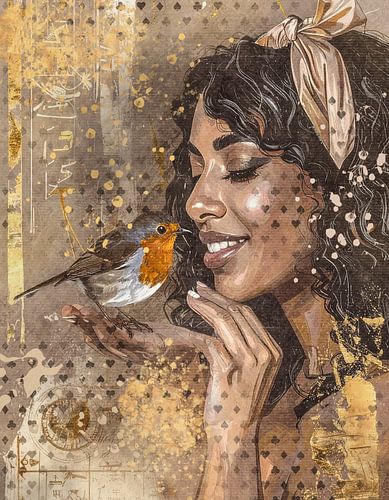 Schoonheid in taupe en goud - kunstwerk met roodborstje en Braziliaanse vrouw
