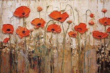 Poppy Family | Velvet Seduction | Poppies in Terracotta and Olive Green by Blikvanger Schilderijen