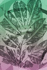 Bladeren.  Moderne abstracte botanische geometrische kunst in roze en groen van Dina Dankers