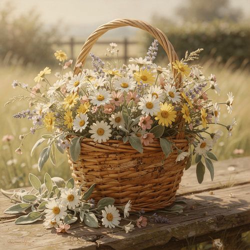Fleurs dans un panier en osier – nature morte champêtre aux fleurs des champs