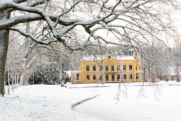 Château de Nienoord dans la neige avec une branche en surplomb