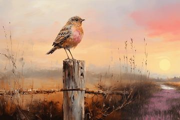 De vogel op de uitkijk tijdens de kleurige zonsondergang. van Karina Brouwer