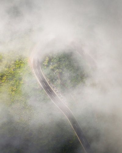 Route brumeuse dans les montagnes de Madère.
