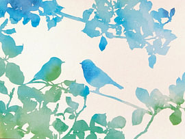 Green and blue birds on a branch | Soothing watercolour wall art by Femke Bender