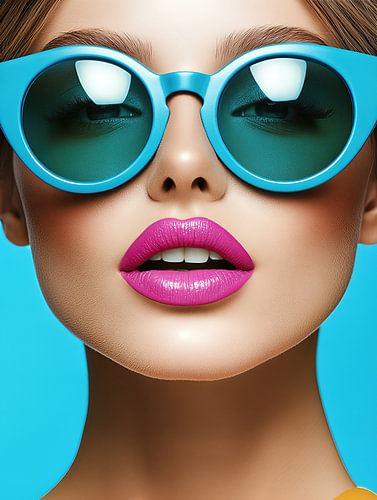 Cyan Aviator - Modern Pop Art Vrouwen Portret met Turquoise Bril en Magenta Lippen