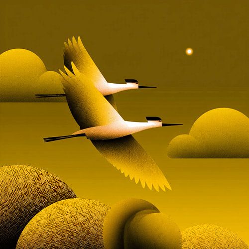 Two cranes flying over golden hills