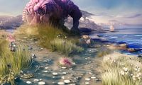 Roze koraalbouwwerk aan kust met helmgras
