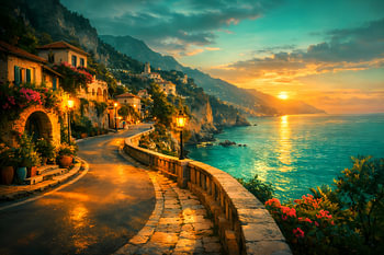 Traumhafter Sonnenuntergang an der Amalfiküste – Mediterranes Wandbild