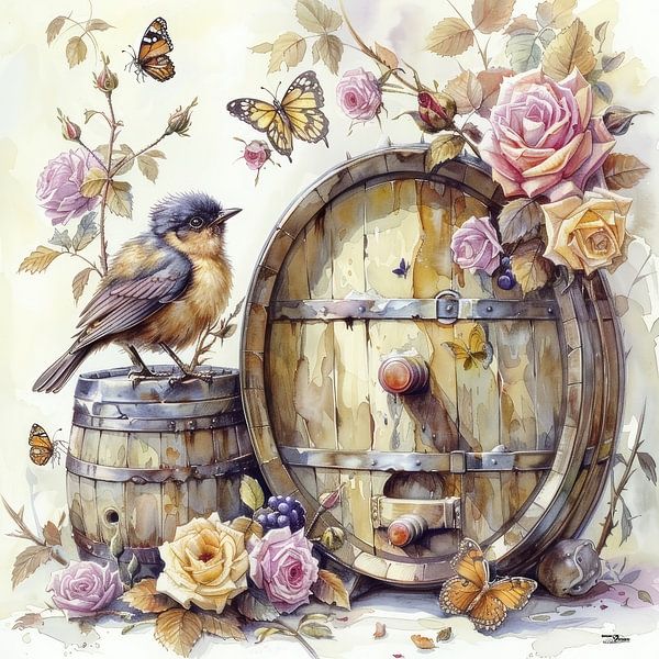 dogs-cats-birds-wine-barrel-butterflies-flowers by Gelissen Artworks