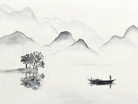 In de vroege ochtend op pad om te gaan vissen (zwart wit aquarel schilderij landschap boot zee Azië) van Natalie Bruns