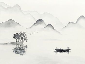 Sorti tôt le matin pour aller pêcher (peinture aquarelle noir et blanc paysage bateau mer Asie)