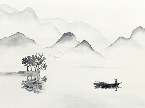 In de vroege ochtend op pad om te gaan vissen (zwart wit aquarel schilderij landschap boot zee Azië)