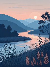 Sérénité enchanteresse du crépuscule : Une symphonie de bleus et de roses au coucher du soleil sur la rivière