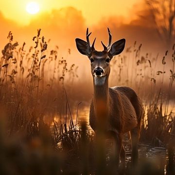 Jeune cerf au lever du soleil sur YArt