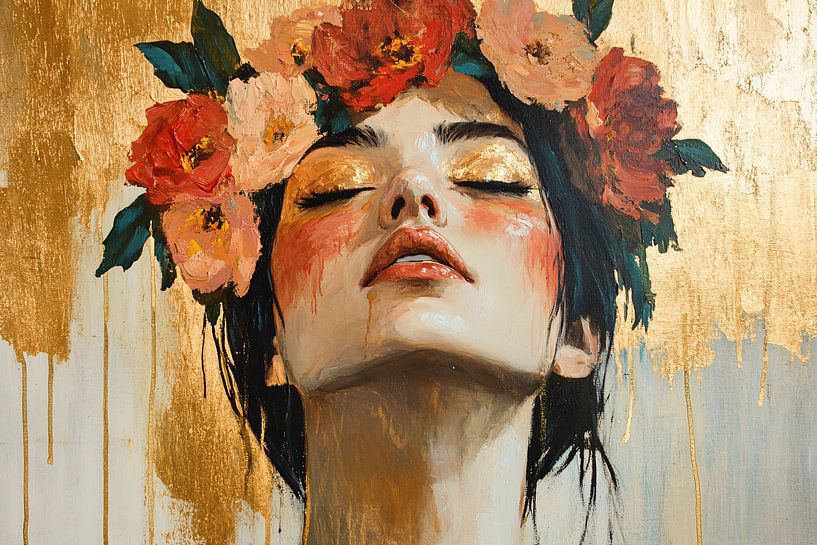 Portret vrouw met bloemenkrans van Imperial Art House