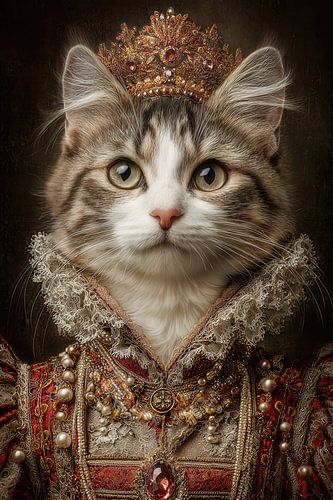 Koninklijke Kat met Kroon - Elegant Portret in oude meesters stijl