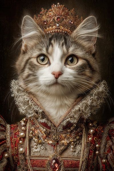 Königliche Katze mit Krone - Elegantes Porträt im Stil alter Meister von Joriali Fotografie und Gemälde