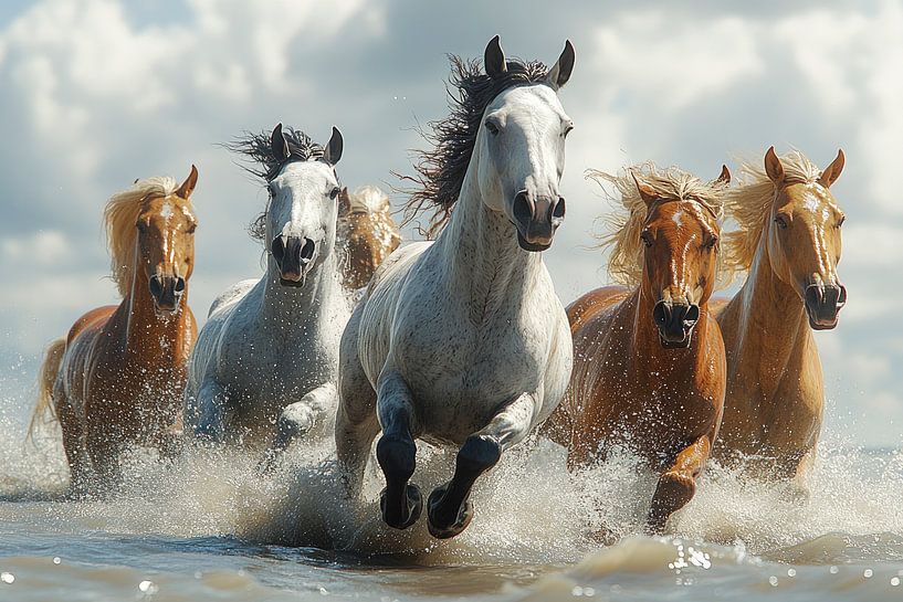 Galoppierende Pferde an der Küste von Lufy
