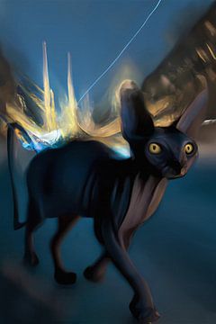 Black Sphynx cat on the street at night by Maud De Vries
