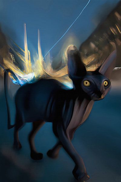 Chat noir Sphynx dans la rue la nuit par Maud De Vries