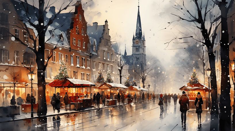 Aquarell-Einkauf auf dem Weihnachtsmarkt mit Lichtern und Bokeh-Malerei in der Stadt Winter Kunst Design von Animaflora PicsStock