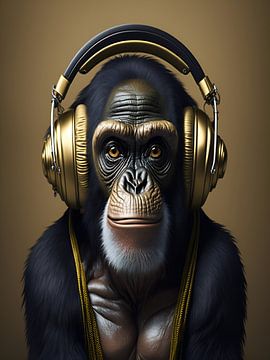 Chimpansee met hoofdtelefoon van Santiago Diaz Leon