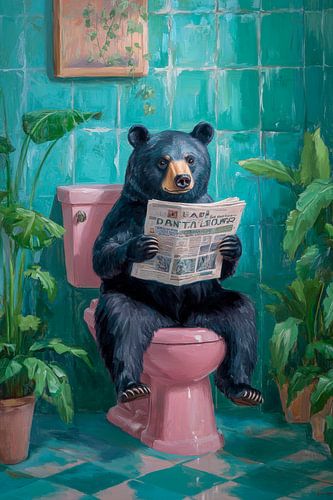 Bear reads newspaper on toilet by Poster Art Shop
