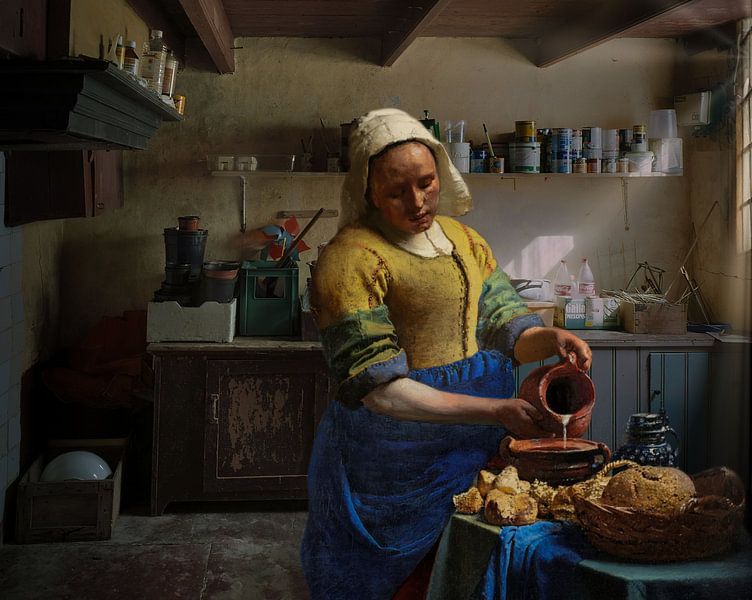 Het Melkmeisje in en oude keuken van Digital Art Studio
