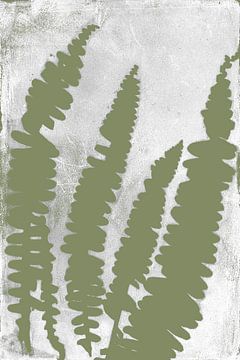 Groene varens in Japanse stijl. Moderne botanische kunst in pastel warm groen en wit. van Dina Dankers