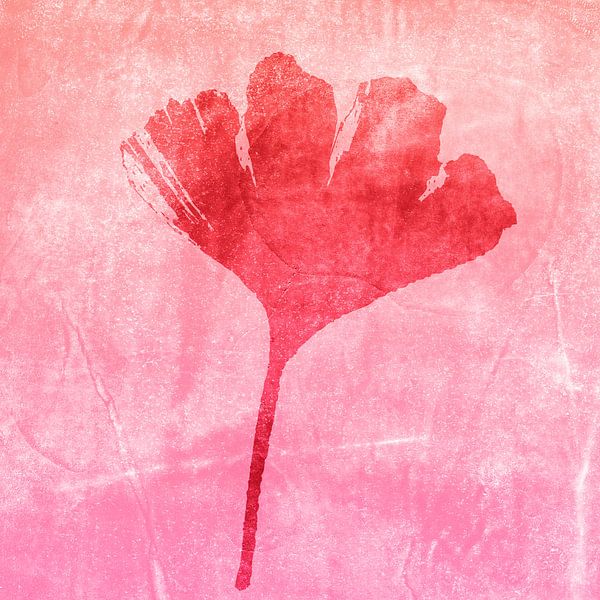 Botanical art in Japandi style. Ginkgo leaf in red and pink gradient by Dina Dankers