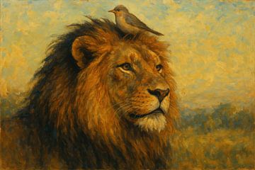 Ruhiges Löwenporträt mit Vogel von Imperial Art House
