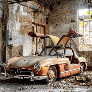 Lost Place Mercedes 300 SL portes papillon orange cuivre atelier